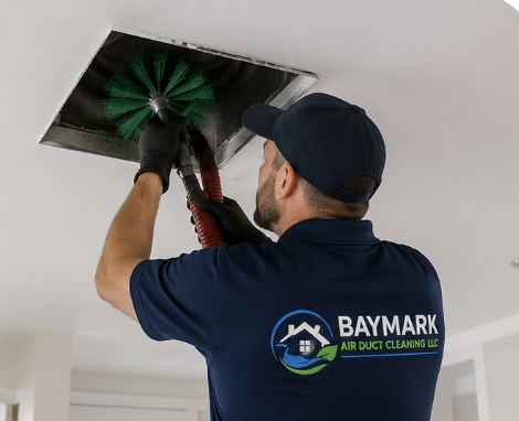 Baymark Air Duct Cleaning LLC technician cleaning an air duct vent in a Framingham Massachusetts home
